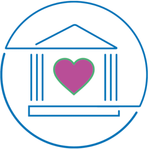 Drawing of a museum building with a purple heart in the centre